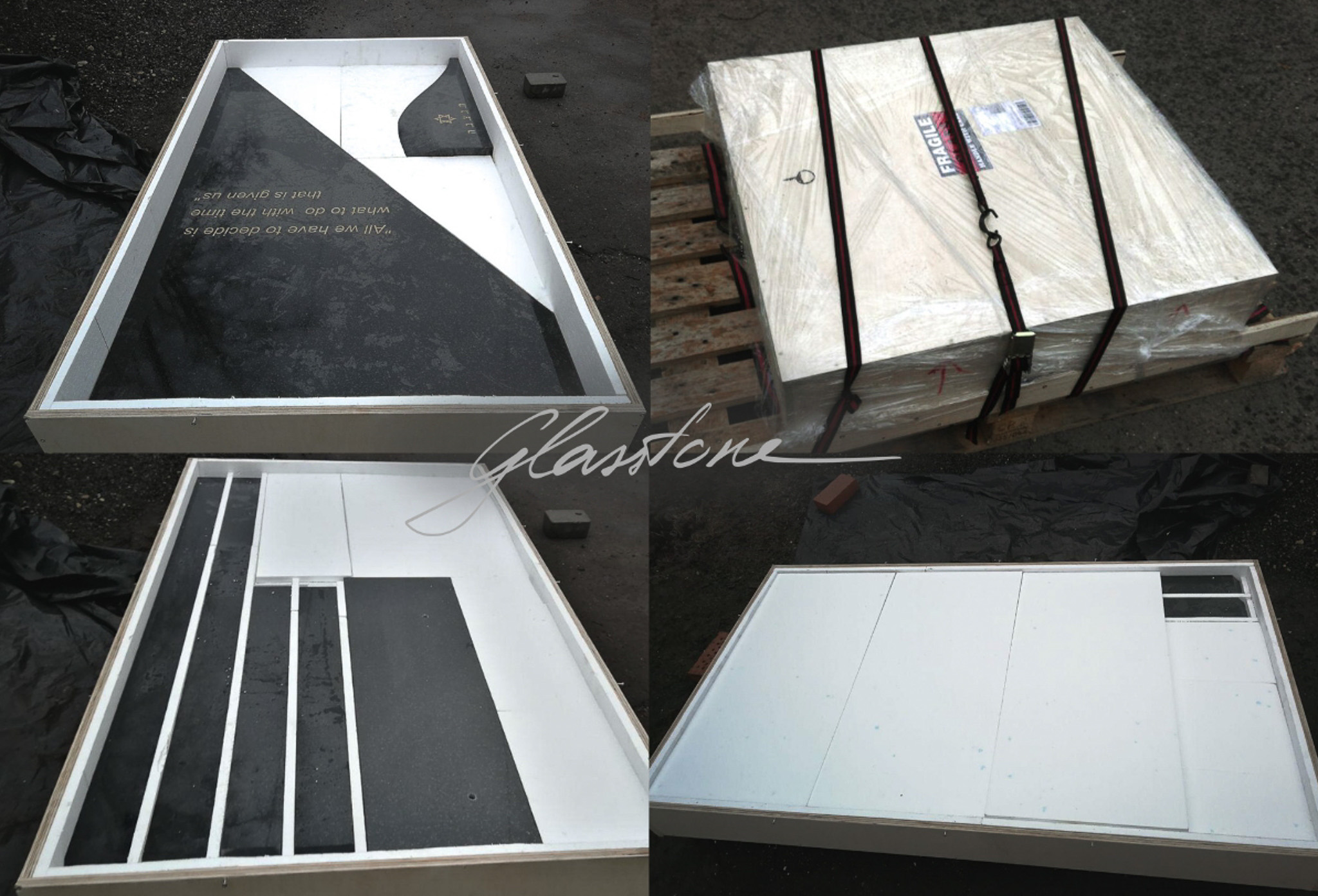 Granite base for glass headstone packed and ready for shipping- Glasstone granite and glass headstones, mixed material headstones, mixed material grave monument